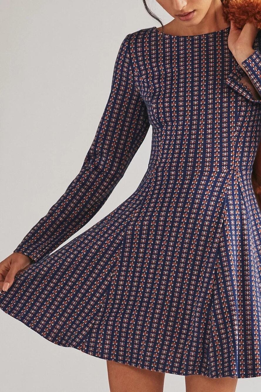 Anthropologie Jacquard A-Line Sweater Knit Mini Dress Navy Orange Size S